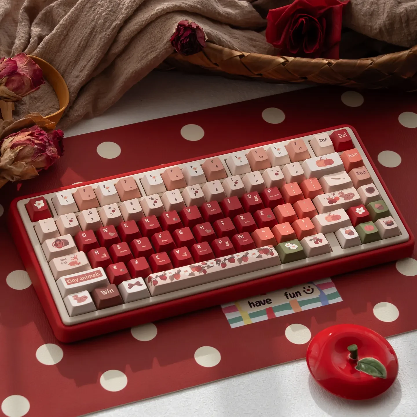 UR82 Rouge Enchanted Forest Custom Mechanical Keyboard Kit, viewed from various angles, highlighting its artistic nature-themed keycaps and Hifi Gasket.