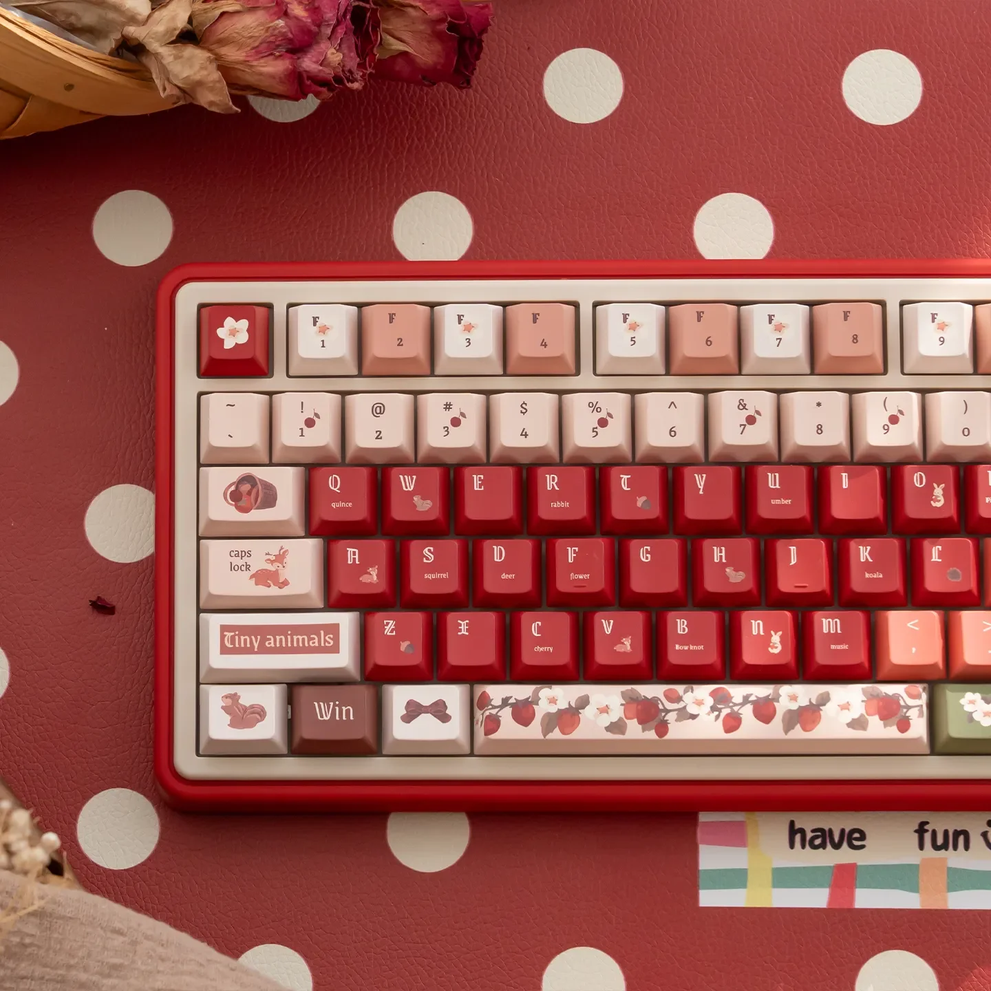 Enchanting UR82 Rouge Custom Mechanical Keyboard Kit from different angles, revealing serene nature-themed keycaps and sophisticated rouge details.