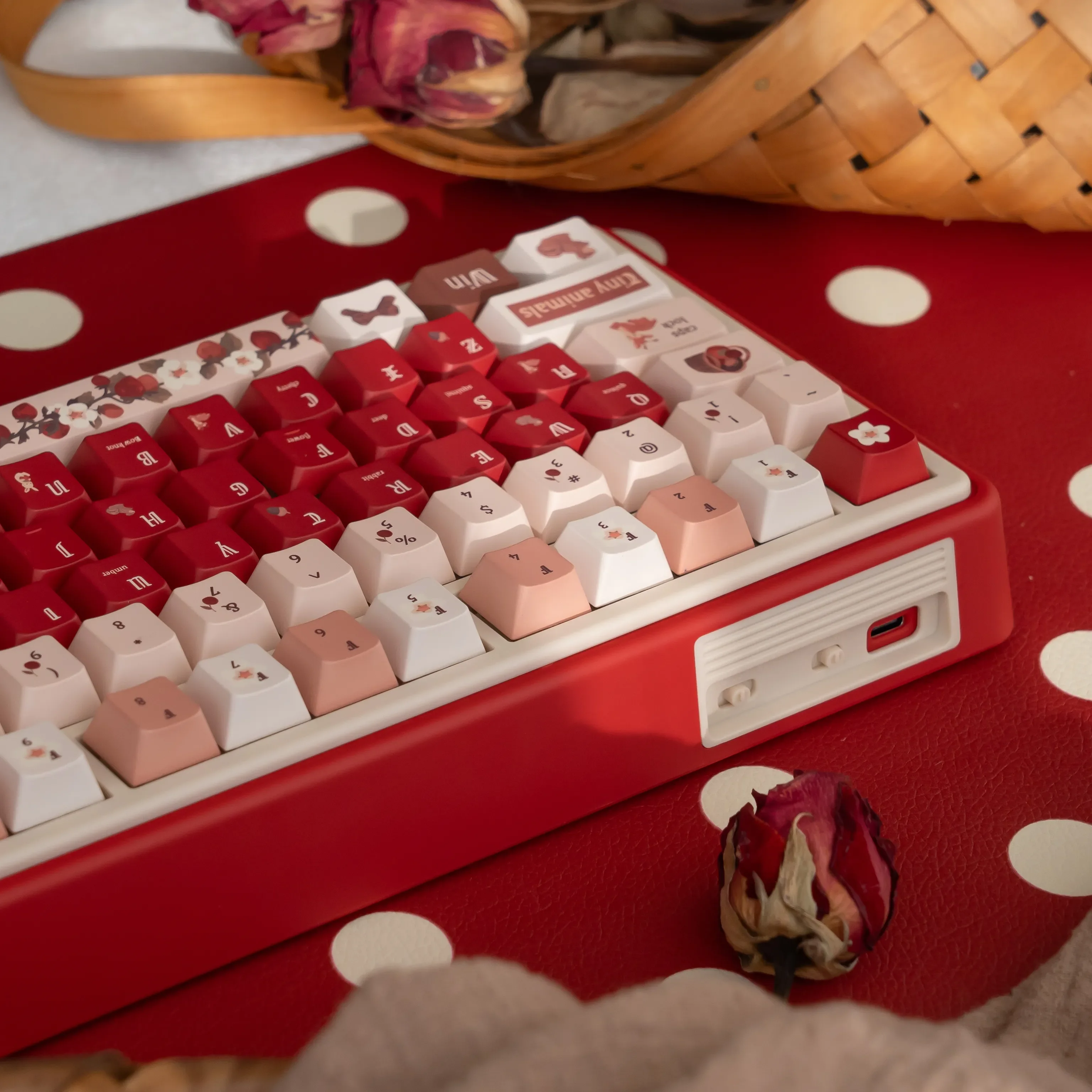 UR82 Rouge Enchanted Forest Custom Mechanical Keyboard Kit shown from multiple angles, highlighting its immersive nature-themed keycaps and premium design.