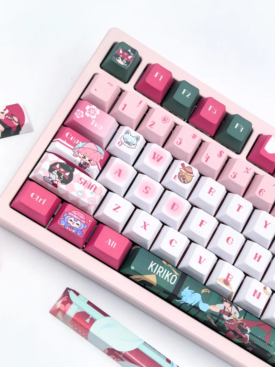 Overwatch Kiriko PBT keycaps set gallery, featuring vibrant red and white Kitsune-inspired designs and durable PBT from various angles.