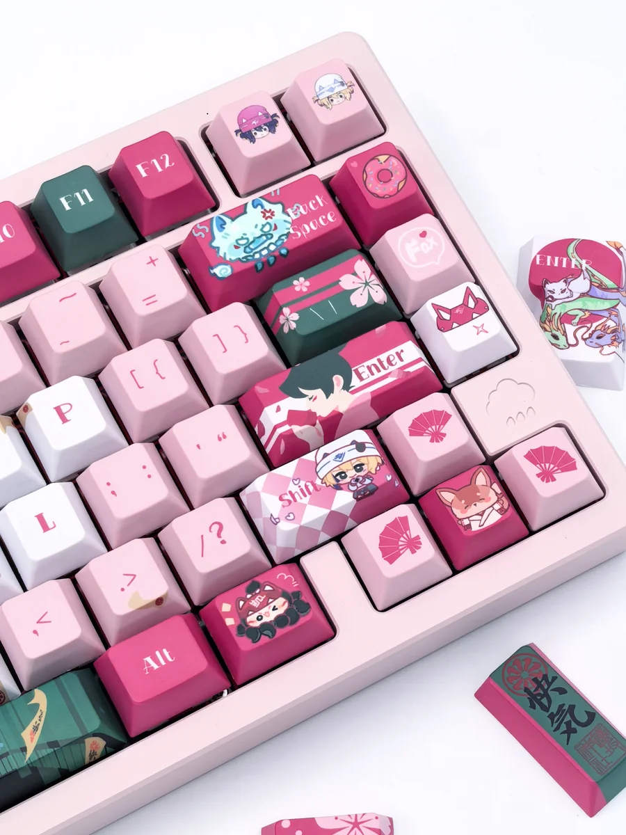 Vibrant red and white Kiriko Overwatch PBT keycaps set, displaying crisp Kitsune spirit and ninja aesthetic. Durable and premium, perfect for gamers.