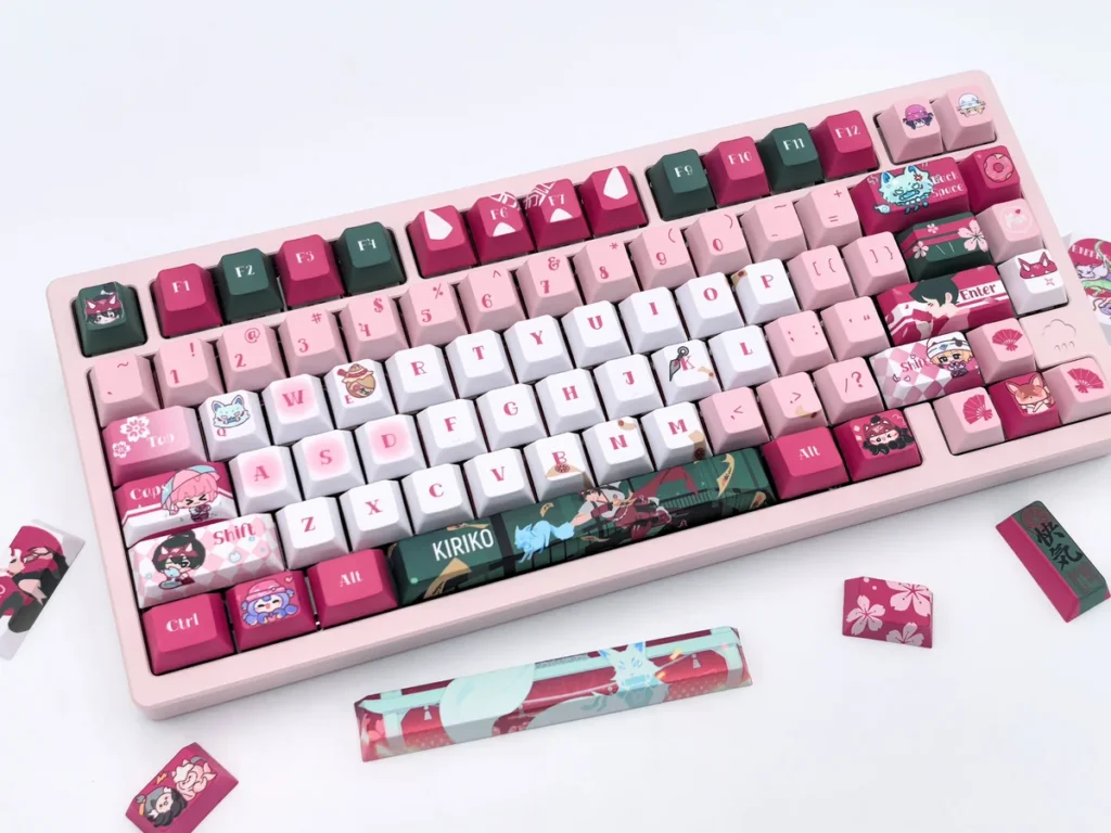 Premium Kiriko Keycaps Set for Overwatch, featuring vibrant red and white PBT and a playful Kitsune ninja design. Durable Cherry set.