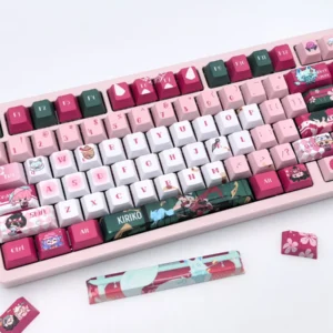 Premium Kiriko Keycaps Set for Overwatch, featuring vibrant red and white PBT and a playful Kitsune ninja design. Durable Cherry set.