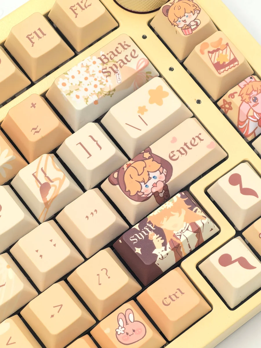 Exclusive Mr Love Kiro PBT dye-sub keycap set shown from a captivating angle, revealing vibrant character art and soft, romantic game motifs.