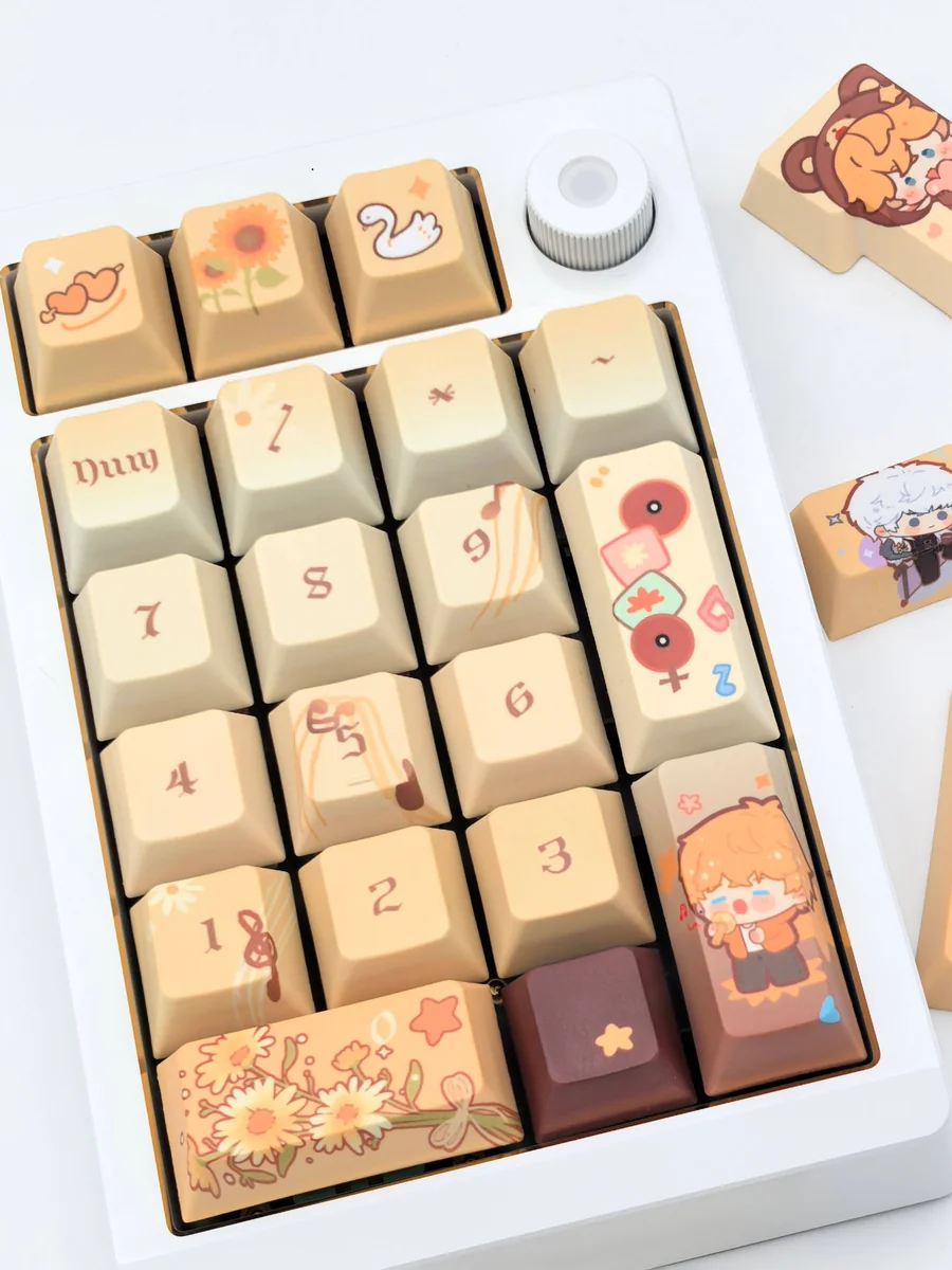 Detailed view of the exclusive Mr Love Kiro PBT Dye-Sub Keycap Set, highlighting vibrant character art and game motifs in soft, romantic hues.
