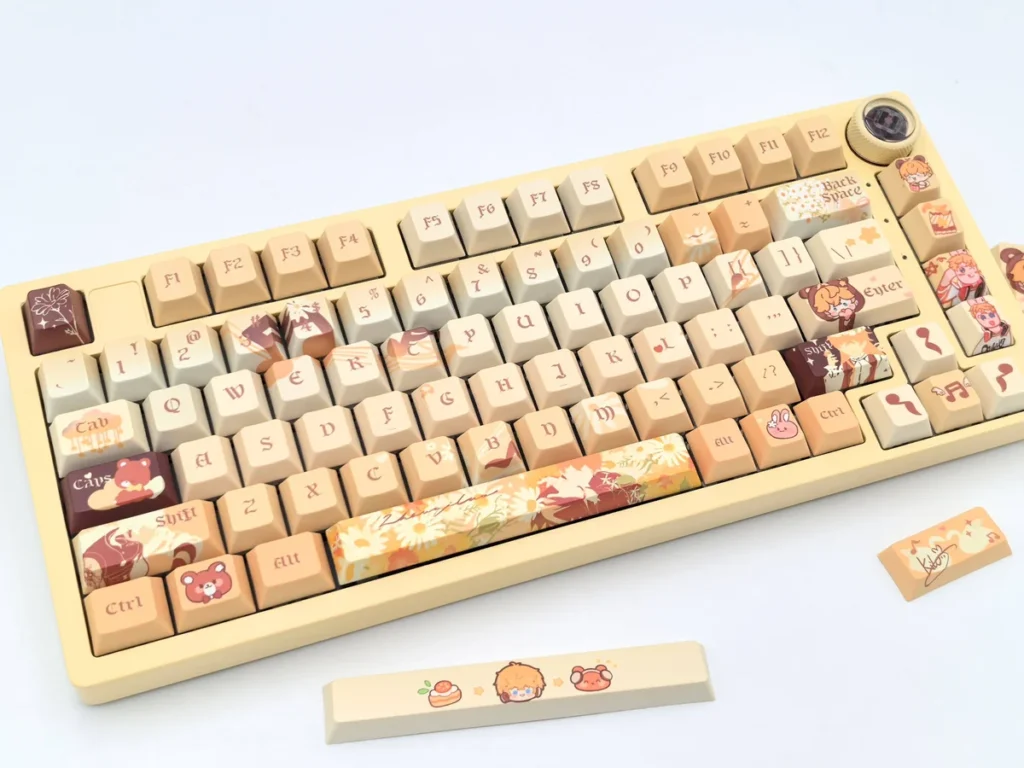 Exclusive Mr Love Kiro PBT Dye-Sub Keycap Set showcasing vibrant character art and romantic colors. This premium Kiro keycap set upgrades your keyboard.