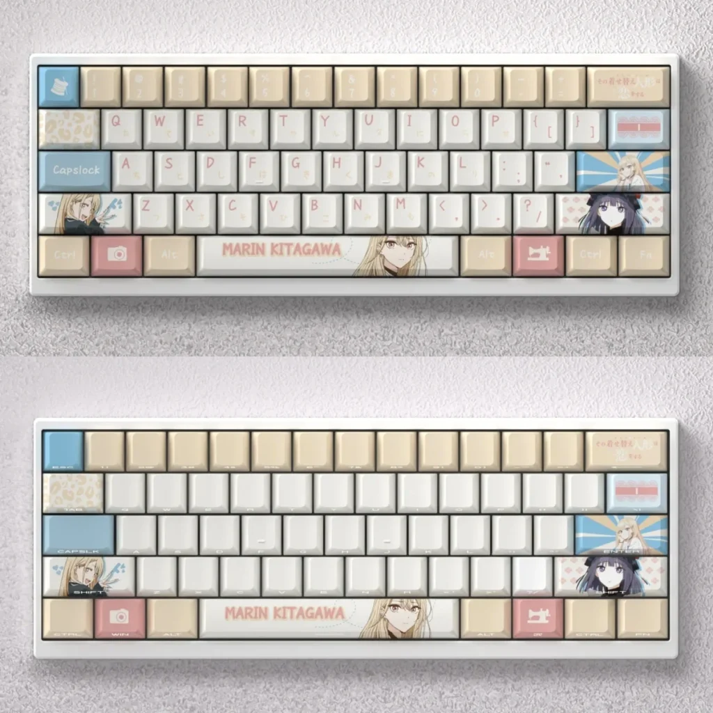 Main display of the exclusive Kitagawa Marin keycaps set, showcasing vibrant and expressive anime character art. Custom PBT keycaps for mechanical keyboard.