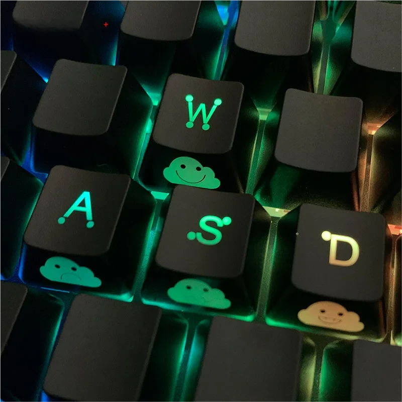 Lightning Cloud Movement Control Keycaps, seen from various angles, highlighting their vibrant translucent ABS design.