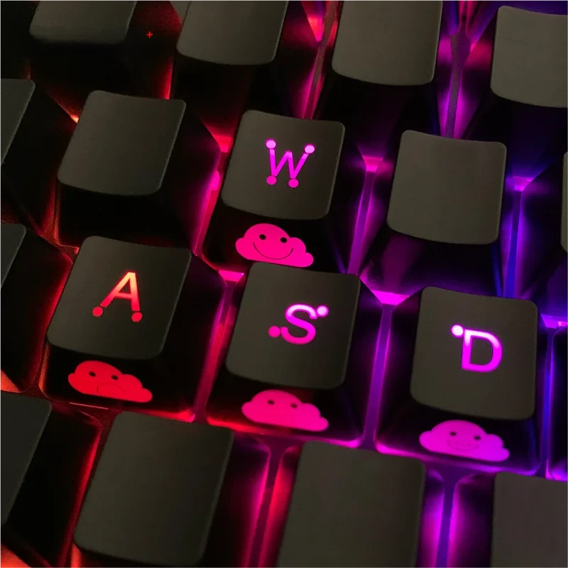 Close-up of four translucent ABS Lightning Cloud Movement Control Keycaps, ready for vibrant RGB backlighting and energetic gameplay.