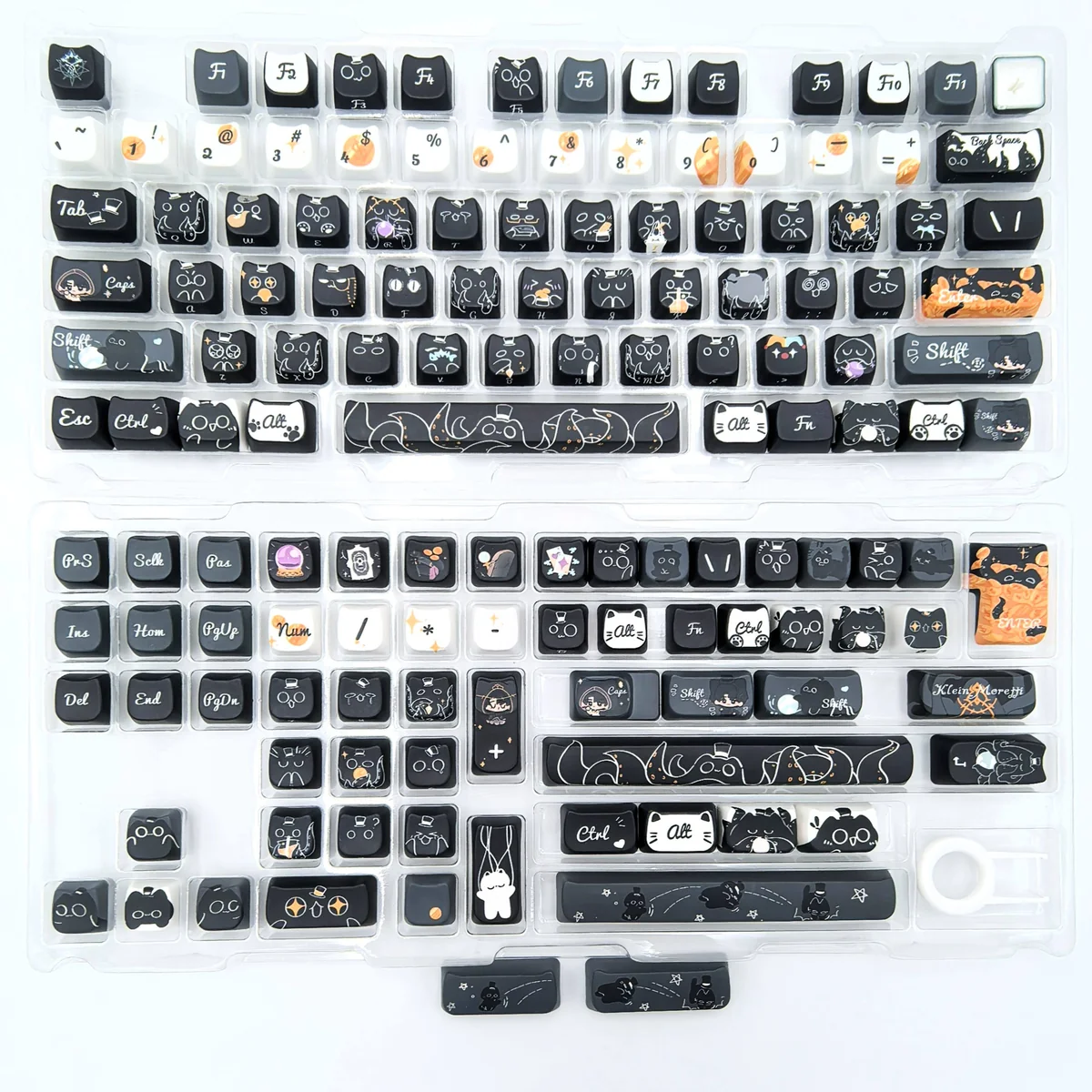 A gallery of exclusive Lord of the Mysteries Klein Moretti keycaps, showcasing whimsical illustrations and mystical motifs from various angles with a premium setup.