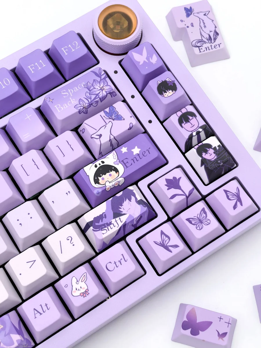 Lucien Keycaps Queen's Choice PBT set, elegantly displayed from multiple angles. Observe the exclusive purple and blue Lucien-themed motifs and durable setup.