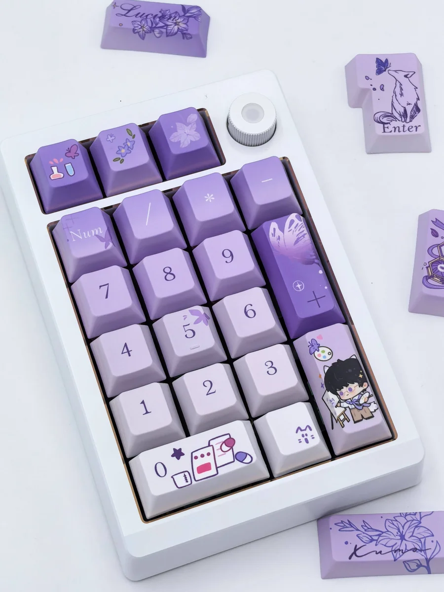 Lucien Keycaps Queen's Choice PBT set, artfully displayed from a new perspective, revealing elegant purple and blue Lucien-themed motifs on durable PBT setup.