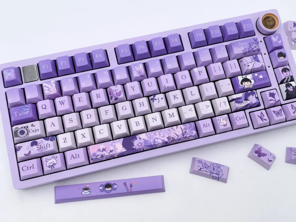 Exclusive Lucien Keycaps set Queen's Choice PBT set displayed. Elegant purple and blue keycaps capture Lucien's artistic aesthetic, highlighting their premium design.