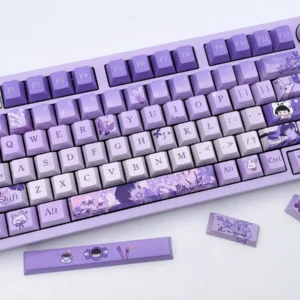 Exclusive Lucien Keycaps set Queen's Choice PBT set displayed. Elegant purple and blue keycaps capture Lucien's artistic aesthetic, highlighting their premium design.