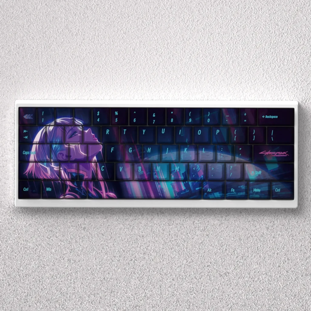 Iconic Lucy Cyberpunk Edgerunners anime keycaps set for mechanical keyboards, showcasing vibrant neon-noir artistry and a dark, futuristic aesthetic.