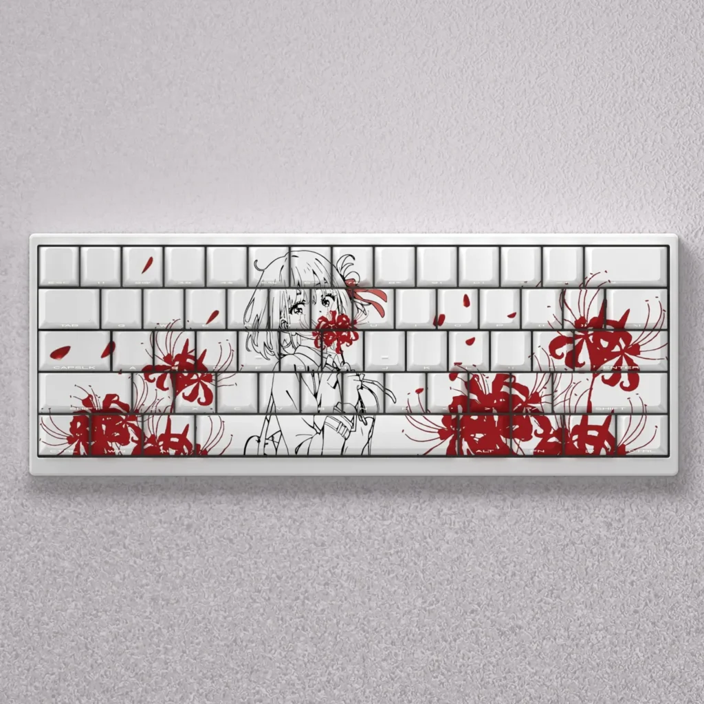 Vibrant Luminous Lycoris Recoil Chisato PBT Anime Keycaps Set, showcasing crisp character art and luminous side-printed legends for a playful design.