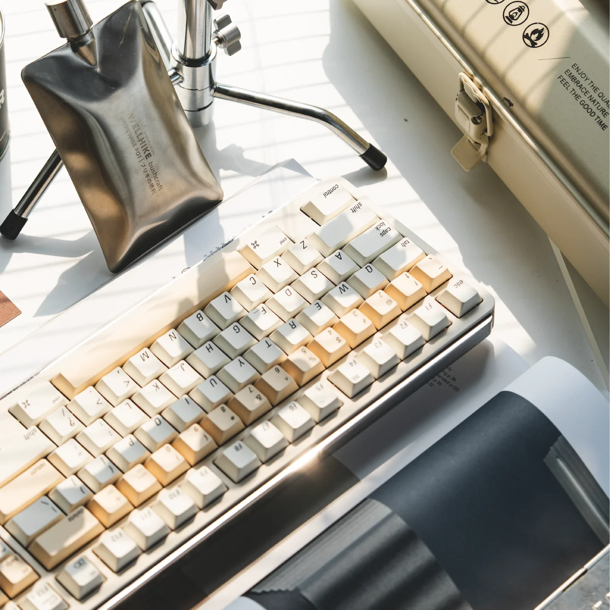 Multiple angles of premium Mac Color Keycaps Set, highlighting their crisp, colorful silk-printed legends and modern minimalist aesthetic on sleek white design.