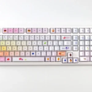 Luminous macaron crystal jelly gradient keycaps set display their whimsical pastel colors and sparkling translucence for mechanical keyboards.