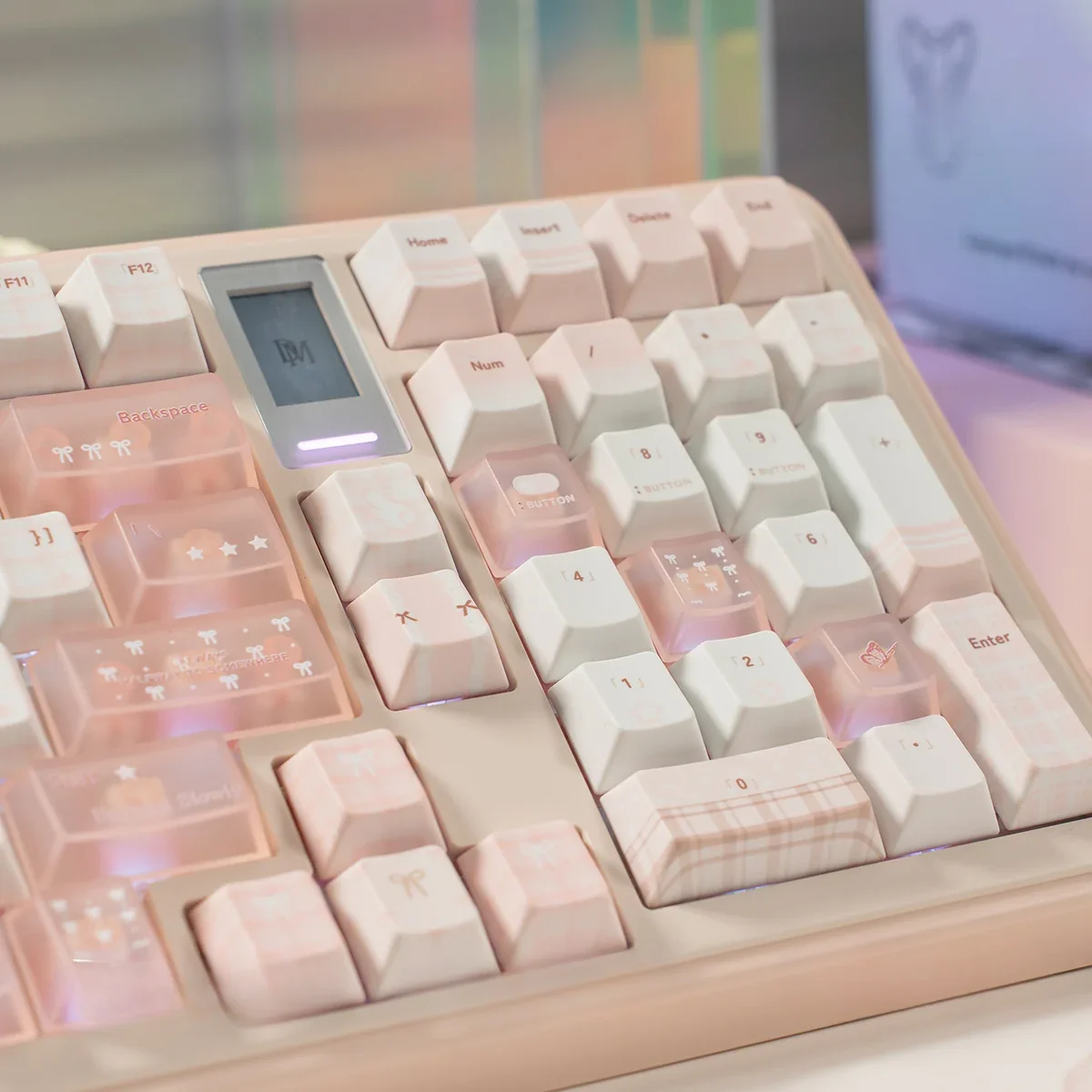 Magical Ethereal frosted translucent keycap set displayed from multiple artistic angles, highlighting its foggy design and unique diffused light for keyboard.