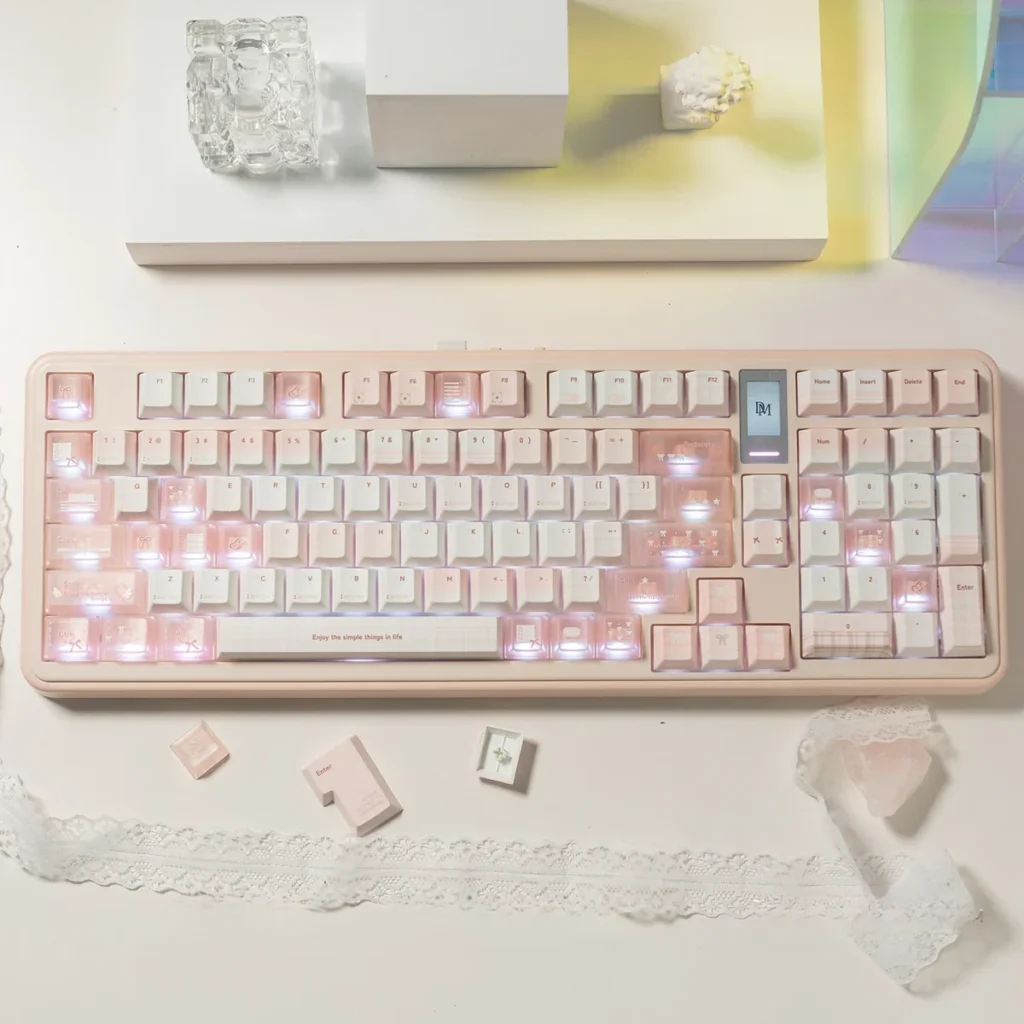 Magical Ethereal frosted translucent keycap set showcasing an artistic foggy design, enhancing a unique keyboard's aesthetic with diffused light.