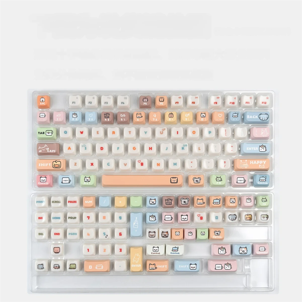 Charming Cartoon Zoo MAO Keycap Set showcasing playful cartoon zoo animals in pastel colors. Smooth matte finish, various angles.
