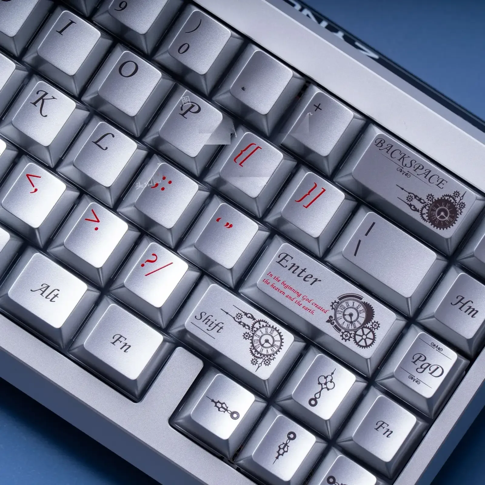 Gallery of Steampunk PBT Magnetic Keycap Set. Features aged industrial metallic details, intricate gears, and vintage sci-fi. Unique keycaps for typist and gamers.