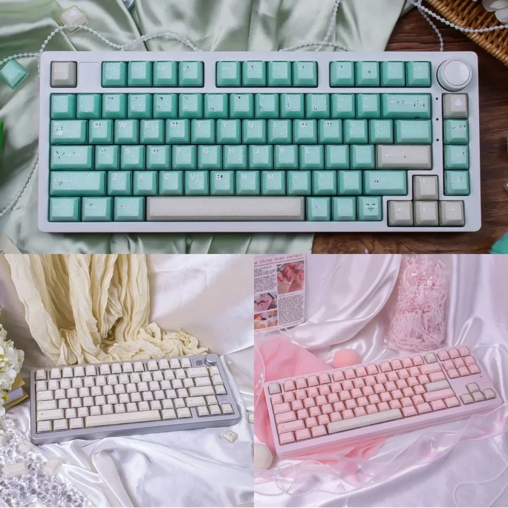 Main display of ethereal shimmering translucent magnetic keycaps set, evoking jade and crystal. Highlights their captivating glow.