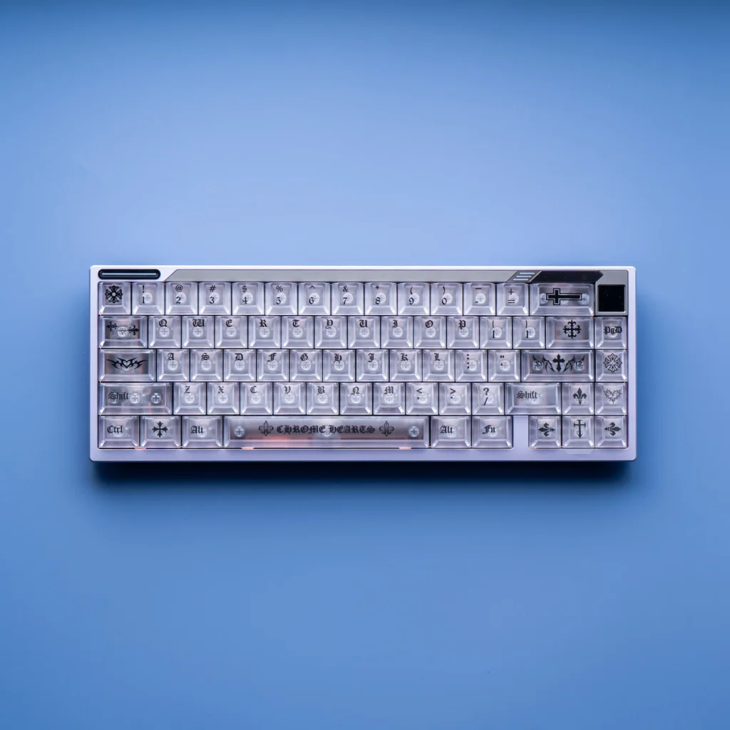 Ethereal translucent white frosted PC magnetic keycaps set features gothic contours and magnetic switch compatibility for a premium keyboard.