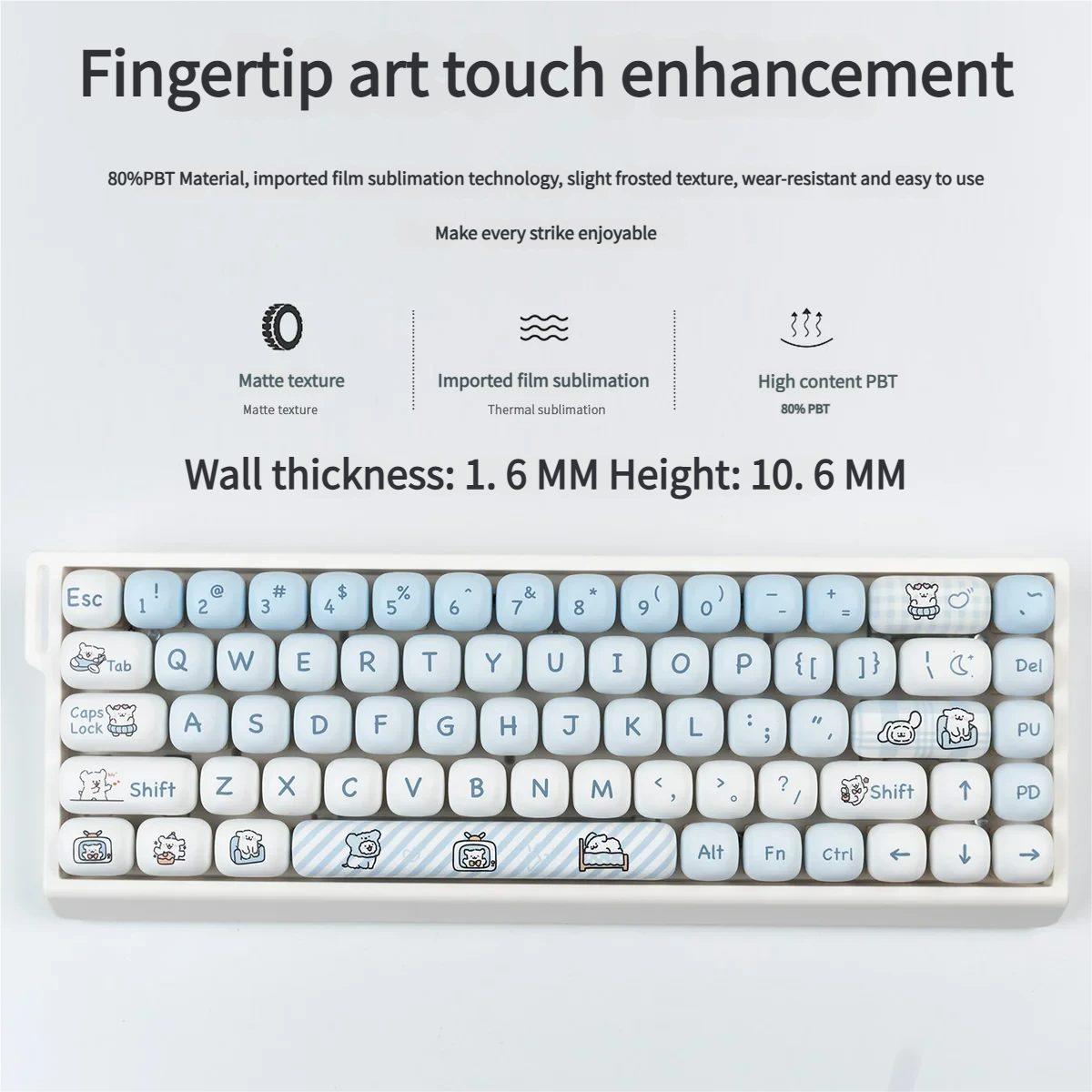 Playful Maltese Dog MOG Keycap Set. Whimsical dogs, MOG profile, and magnetic switch compatibility shown from multiple angles.