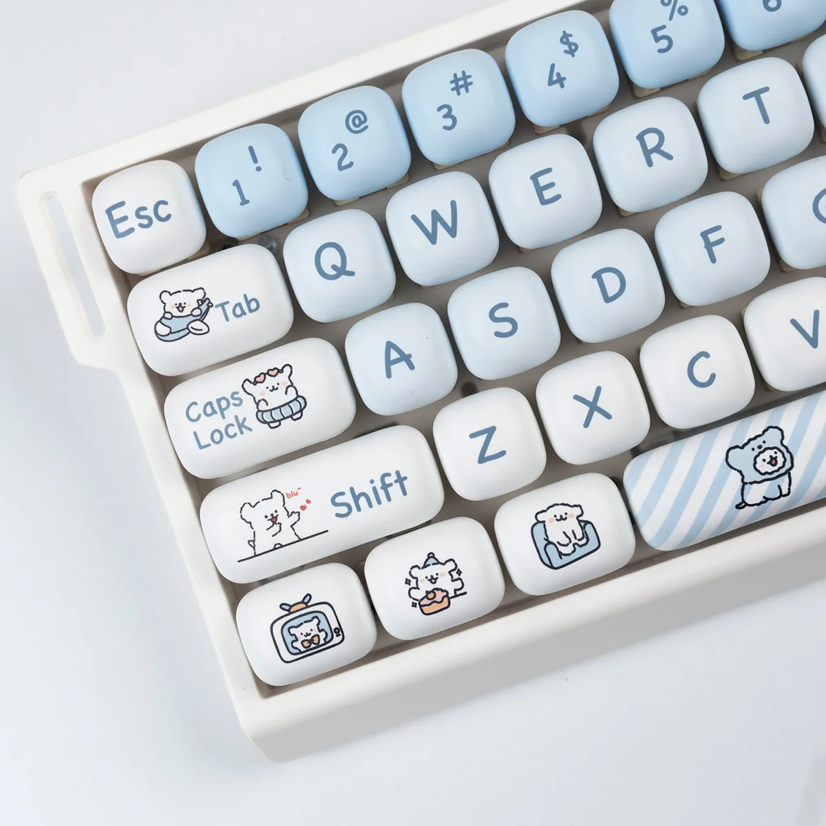 Playful Maltese Dog MOG Keycap Set, showcased from various angles. Emphasizes whimsical minimalist line art, clean modern design, and magnetic keyboard。