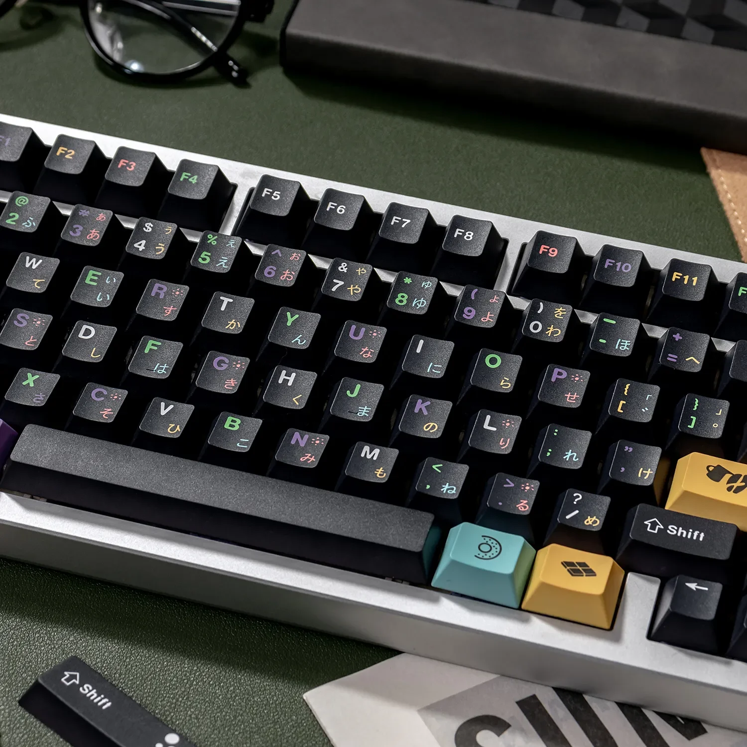 Sophisticated PBT dye-sublimated magnetic switch keycaps set, displayed in various elegant angles, featuring afternoon tea-inspired black.