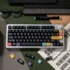 Sophisticated black PBT dye-sublimated magnetic switch keycaps set, custom fit, elegantly displayed with classic tea-inspired icons for a premium setup.