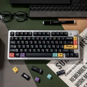 Sophisticated black PBT dye-sublimated magnetic switch keycaps set, custom fit, elegantly displayed with classic tea-inspired icons for a premium setup.