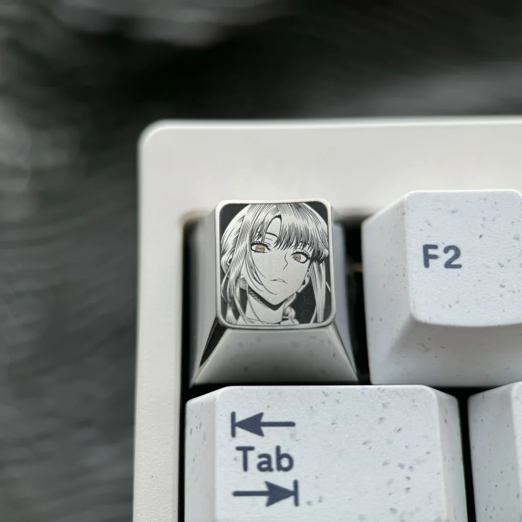 Makima Titanium Keycap: Precision-engraved artisan ESC key featuring intricate pointillism of Makima on sleek silver titanium. A premium collectible.