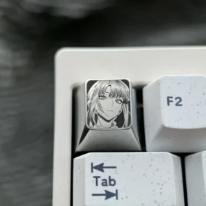 Makima Titanium Keycap: Precision-engraved artisan ESC key featuring intricate pointillism of Makima on sleek silver titanium. A premium collectible.