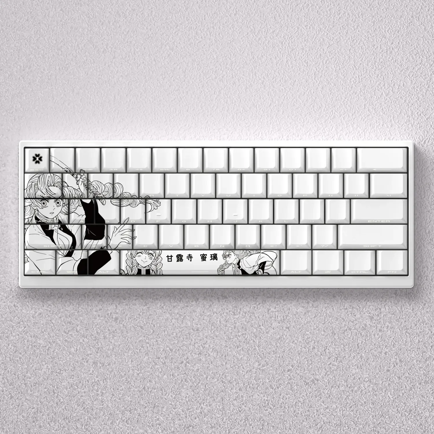 Vibrant Mitsuri Kanroji keycaps set for mechanical keyboards, showcasing the exclusive Demon Slayer Love Hashira design from multiple angles.