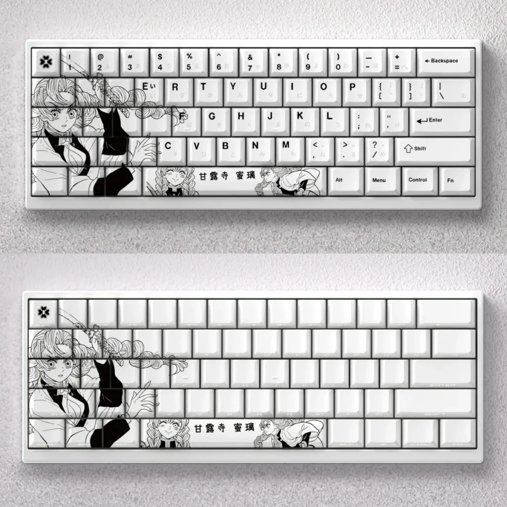 Exclusive Mitsuri Kanroji keycaps set showcasing vibrant Demon Slayer Love Hashira anime art, perfectly capturing her iconic colors and motifs.