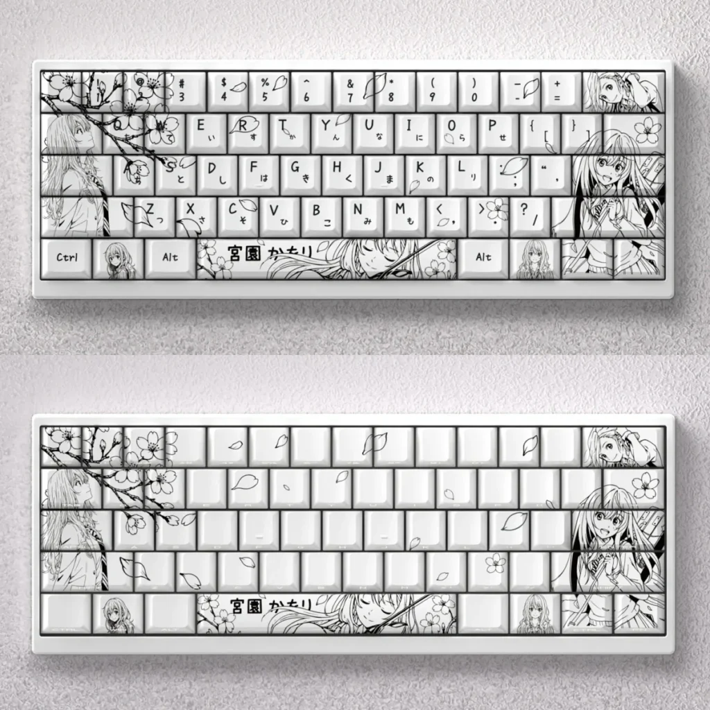 Monochrome Kaori Miyazono anime keycaps set featuring a detailed black and white line art style, perfect for personalizing mechanical keyboards.