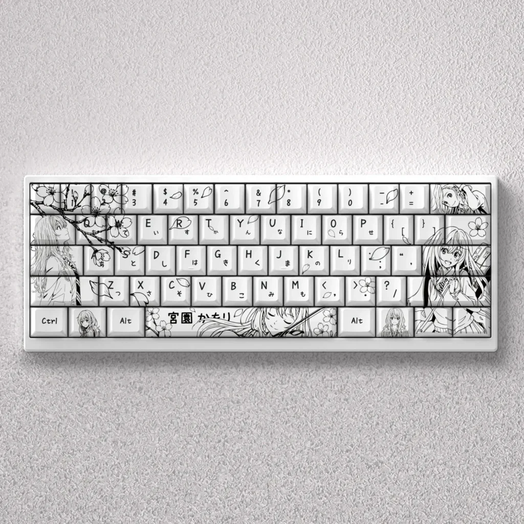Exquisite black and white PBT keycaps set featuring Kaori Miyazono from the anime Your Lie in April in a captivating line art style.