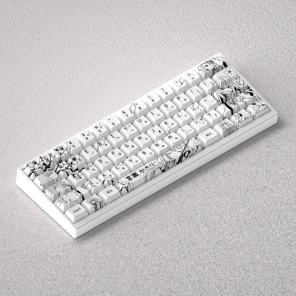 Elegant black and white PBT keycaps set depicting Miyazono Kaori in a unique line art style, enhancing 60, 65, and 68 keyboard aesthetics.