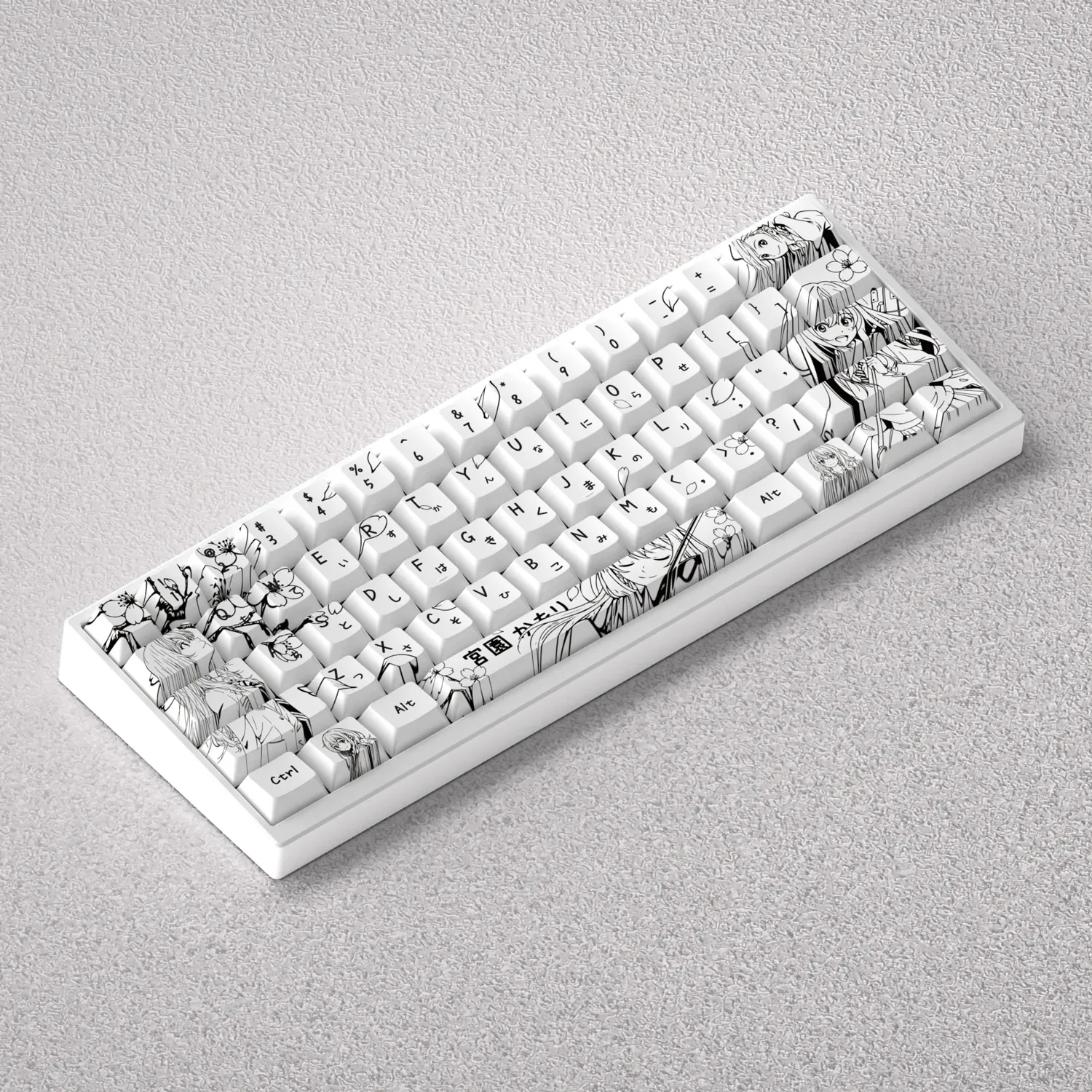 Elegant black and white PBT keycaps set depicting Miyazono Kaori in a unique line art style, enhancing 60, 65, and 68 keyboard aesthetics.