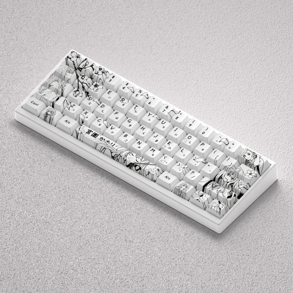 PBT Miyazono Kaori anime keycaps set with intricate black and white line art engravings, perfect for enhancing 60%, 65%, or 68% mechanical keyboards.