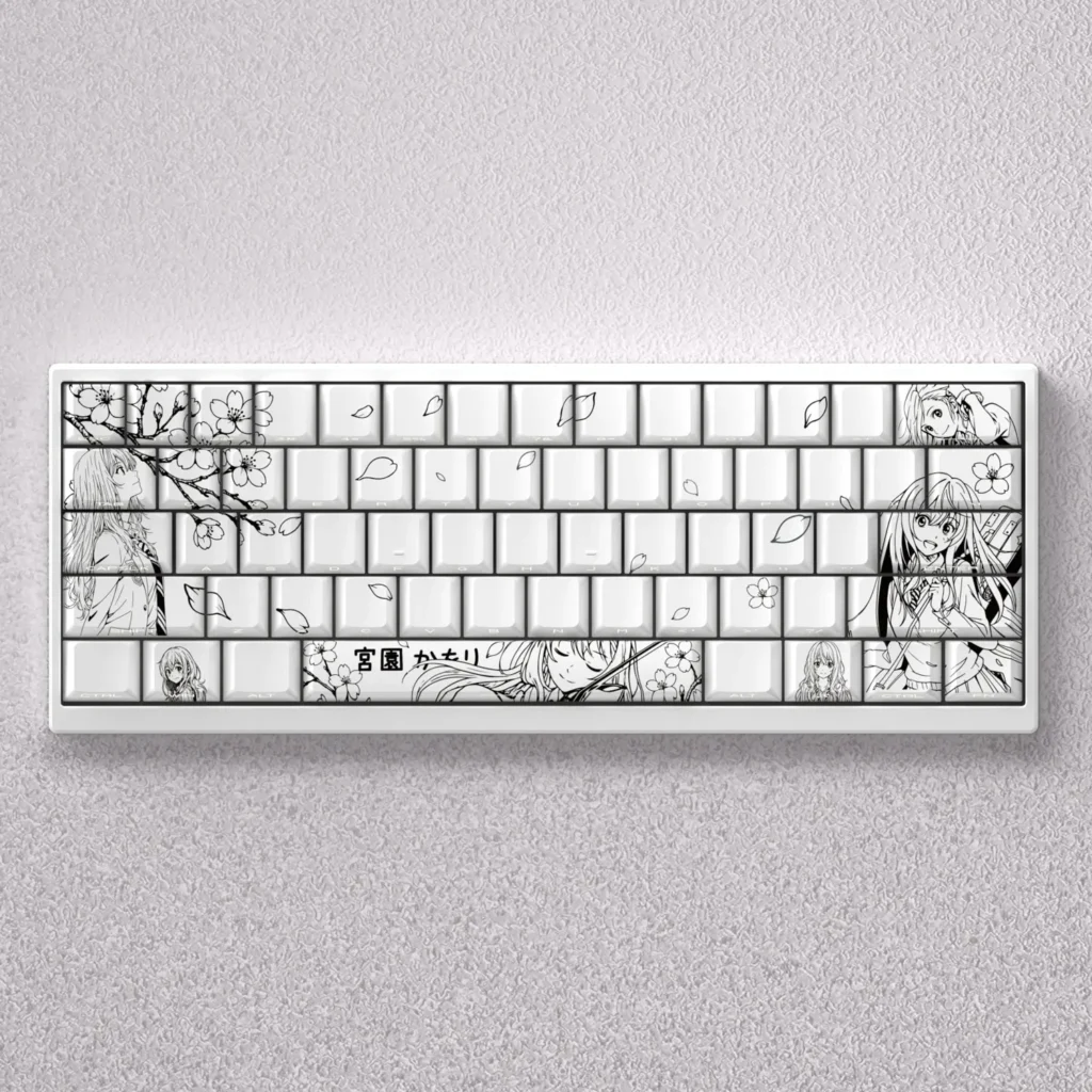 Elegant PBT keycaps set featuring Miyazono Kaori in a captivating black and white line art style, ideal for anime keyboard enthusiasts.