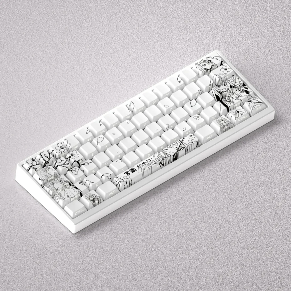 Black and white Miyazono Kaori PBT keycaps set featuring elegant line art, perfect for customizing 60%, 65%, or 68% mechanical keyboards.