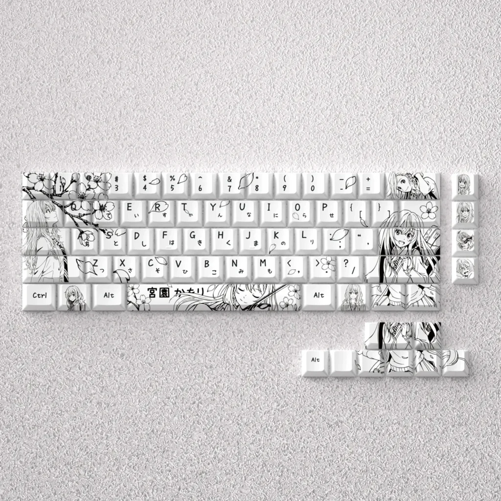 Distinctive black and white PBT keycaps set depicting Miyazono Kaori in elegant anime line art, compatible with 60-68% layouts.