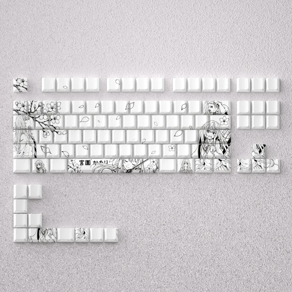 Striking black and white Kaori Miyazono line art PBT keycaps set enhance mechanical keyboards with 60, 65, or 68 layouts.