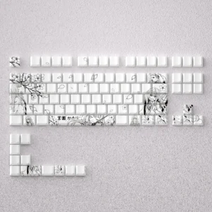 Striking black and white Kaori Miyazono line art PBT keycaps set enhance mechanical keyboards with 60, 65, or 68 layouts.
