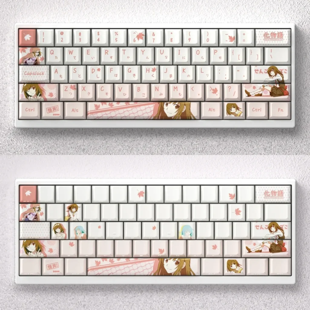 Exclusive Monogatari Keycaps featuring Nadeko Sengoku. This PBT dye-sub custom keycap set displays elegant monochromatic anime art.