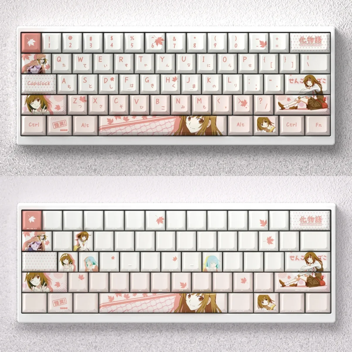 Exclusive Monogatari Keycaps featuring Nadeko Sengoku. This PBT dye-sub custom keycap set displays elegant monochromatic anime art.