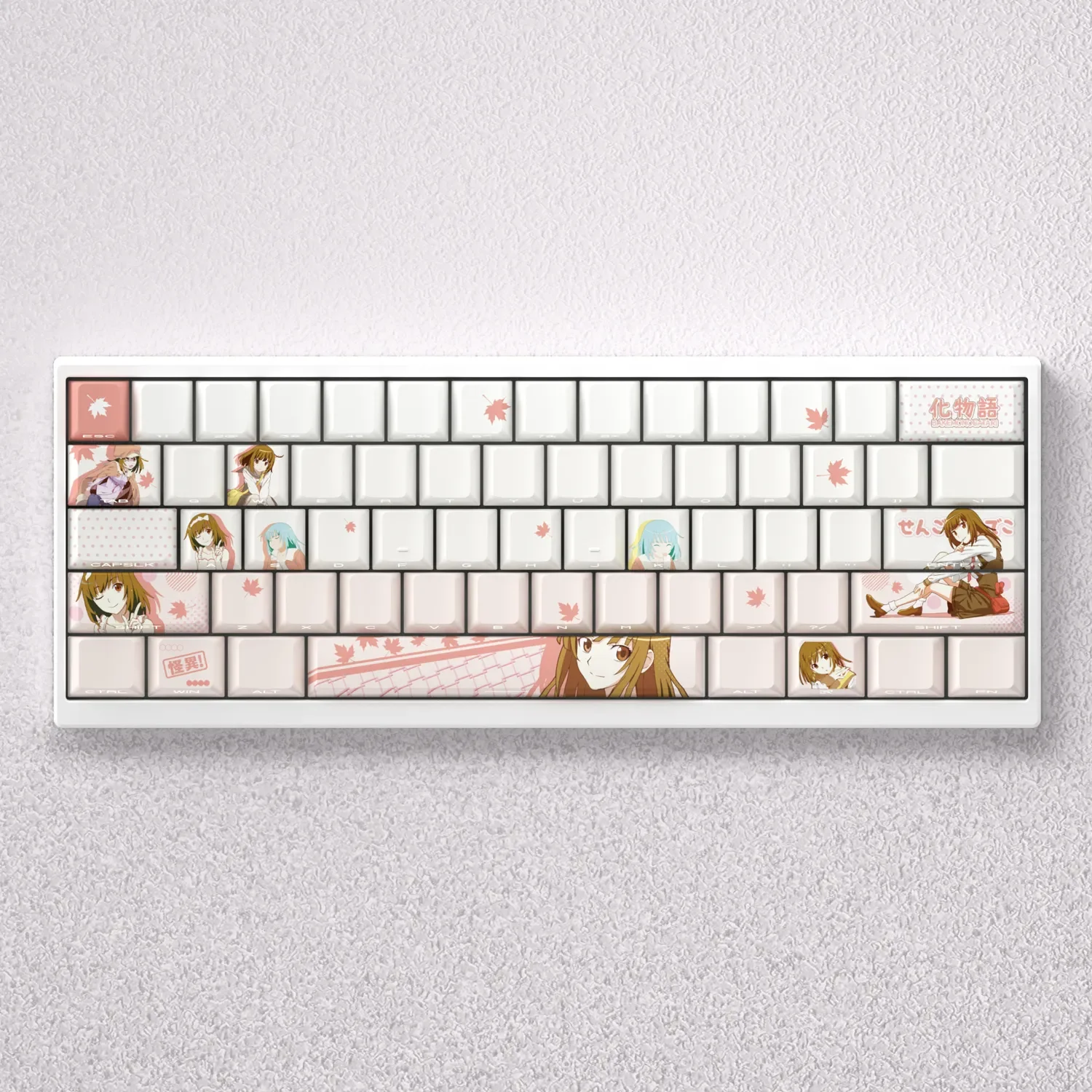 Monogatari Keycaps set featuring Nadeko Sengoku elegant PBT dye-sub design shown from multiple angles, highlighting premium artistry.